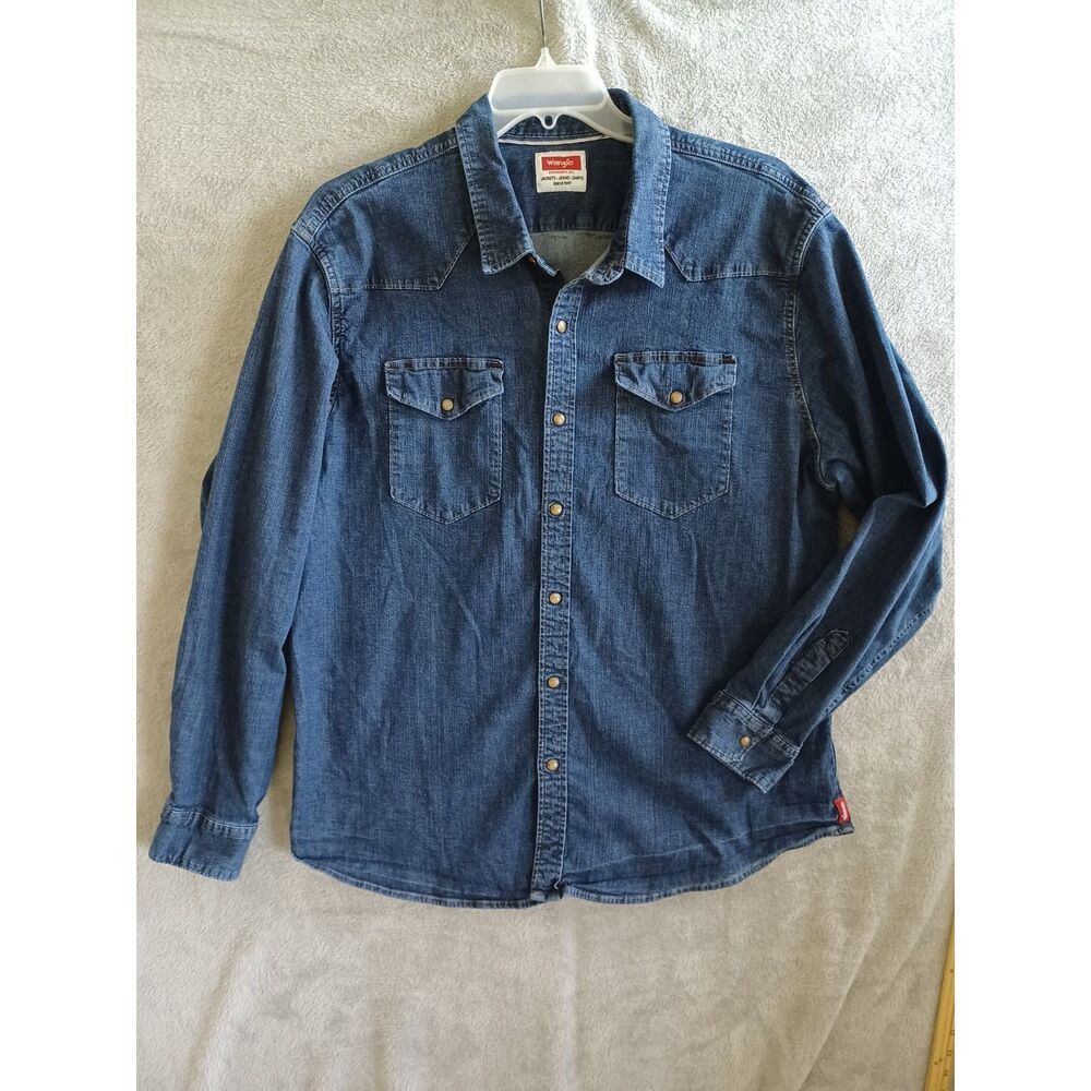 Wrangler 2XL Men Denim Western Snap Shirt Indigo Blue Long Sleeve JSD4AWB Cowboy - Picture 8 of 8